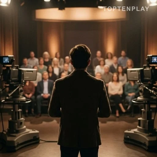 Plateau télé avec animatrice vue de dos