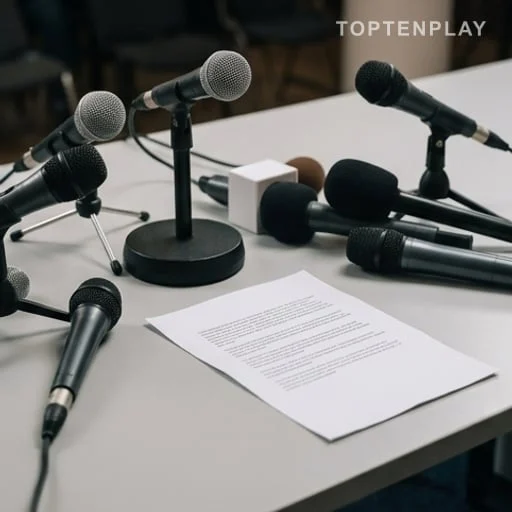 Micros et communiqué posé sur une table