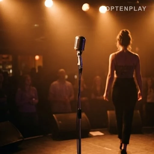 Micro de scène devant une chanteuse de dos