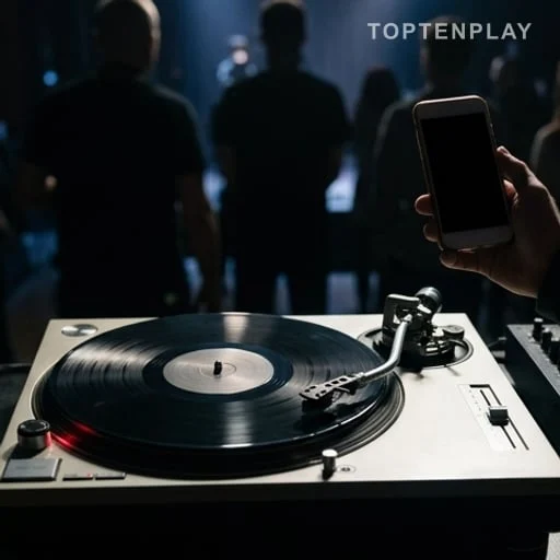 Disque vinyle et foule anonyme sous projecteurs