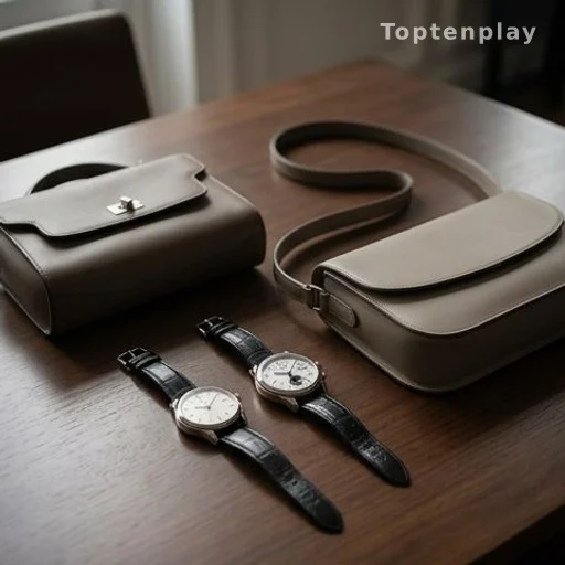 Montres de luxe et sacs haut de gamme posés sur une table en bois