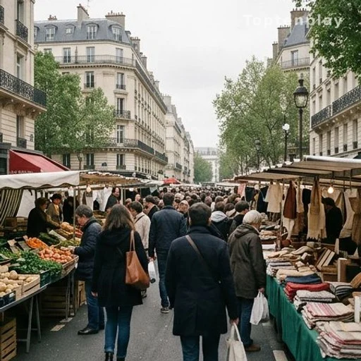 Marché animé dans un quartier parisien, foule anonyme de dos
