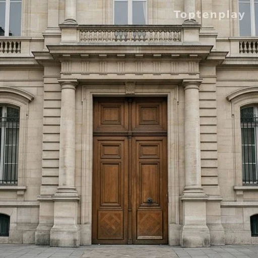 Façade en pierre d'un tribunal correctionnel français, portes en bois