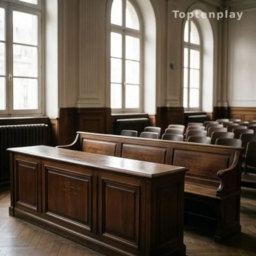 Banc des prévenus vide dans une salle d'audience d'un tribunal français