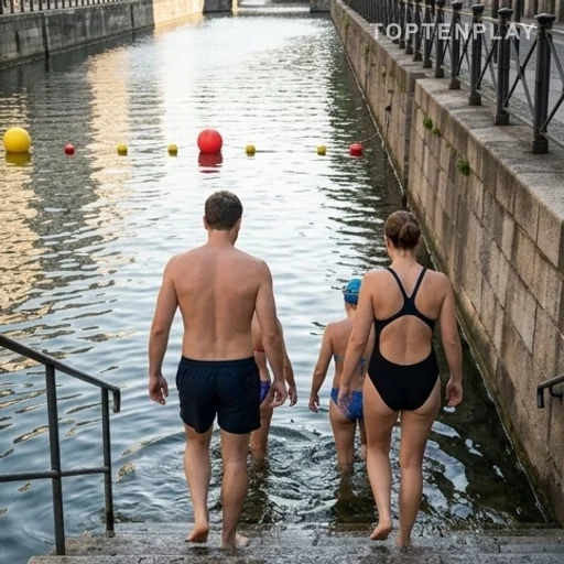 Baigneurs anonymes dans un canal urbain surveillé