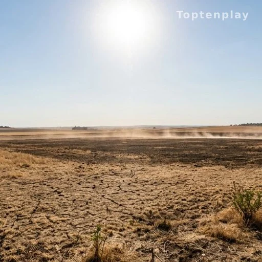 Sol asséché sous une canicule intense avec miroir de chaleur à l'horizon