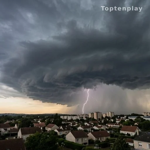 Ciel orageux menaçant au-dessus d'une zone résidentielle française