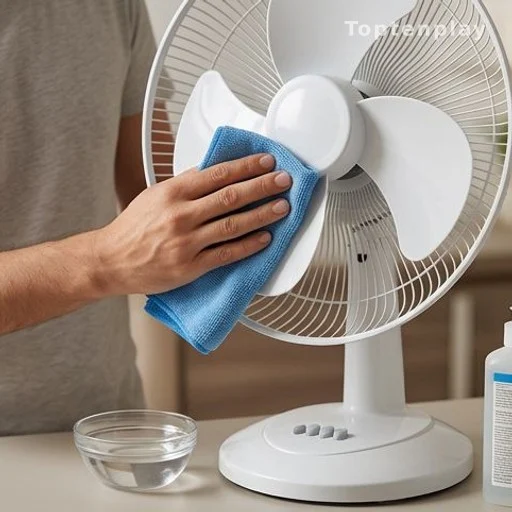 Nettoyage des pales d'un ventilateur avec un chiffon microfibre humide
