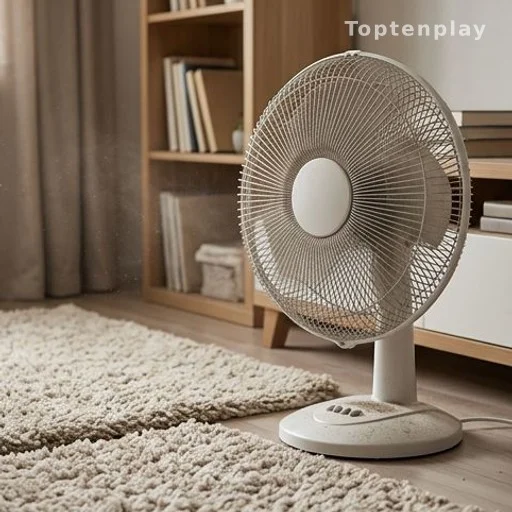 Ventilateur positionné près d'un tapis épais favorisant l'accumulation de poussière