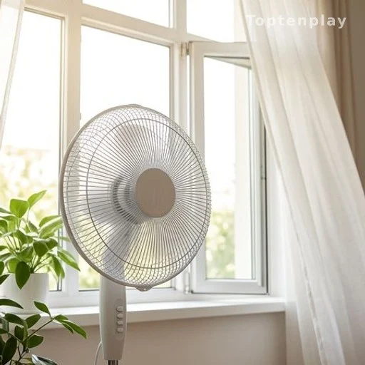 Ventilateur propre et efficace placé près d'une fenêtre ouverte en été