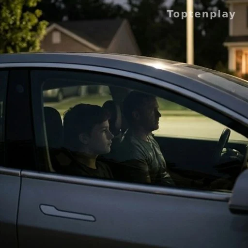Silhouettes d'un père et son fils dans une voiture garée la nuit en période de canicule