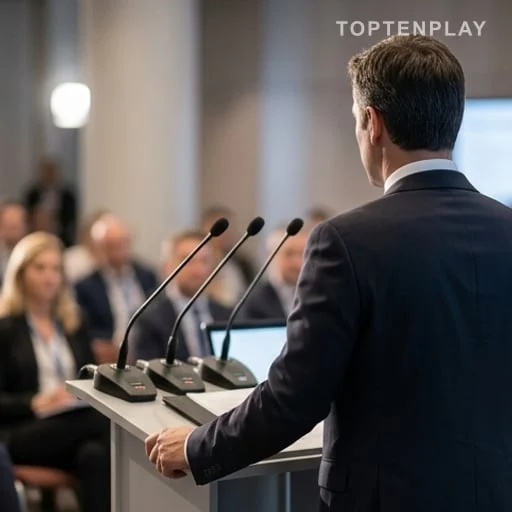 Pupitre et micros lors d’une conférence énergie
