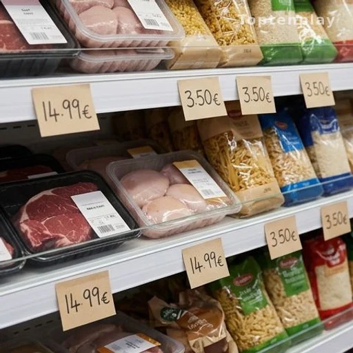 Rayons de supermarché avec étiquettes de prix sur viande et produits alimentaires