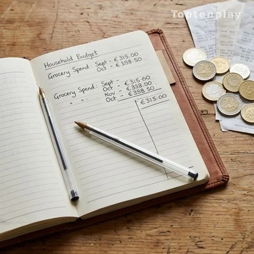 Carnet de budget familial avec pièces de monnaie et tickets de caisse
