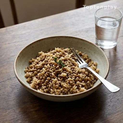 Repas simple de riz et lentilles dans un bol avec verre d'eau