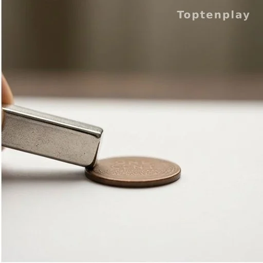 Test à l'aimant sur un penny de 1943 pour détecter un exemplaire en cuivre rare