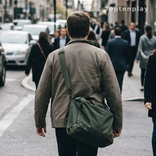Personne de dos portant un sac à l'épaule dans une rue animée