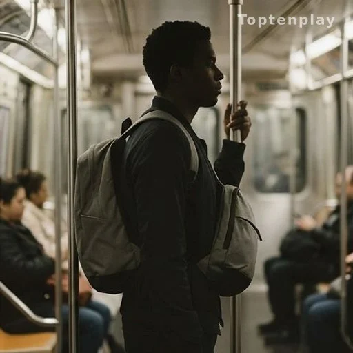 Silhouette dans un métro portant son sac devant soi, style créatif