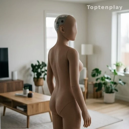 Robot humanoïde en silicone debout dans un salon, vue de dos