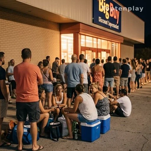 File d'attente nocturne devant un supermarché discount pour des climatiseurs en canicule