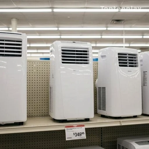 Climatiseur portable en rayon de grande distribution avec étiquette de prix réduit