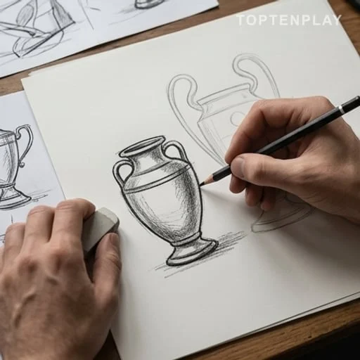 Mains dessinant une urne près d’un trophée