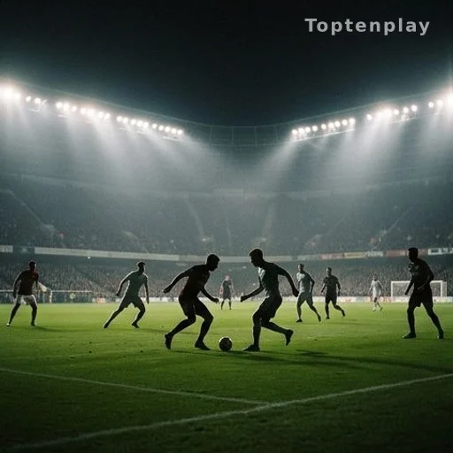 Joueurs de football en silhouette sur un terrain de Coupe du monde sous les projecteurs