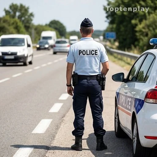 Contrôle de police routier en été sur une route française