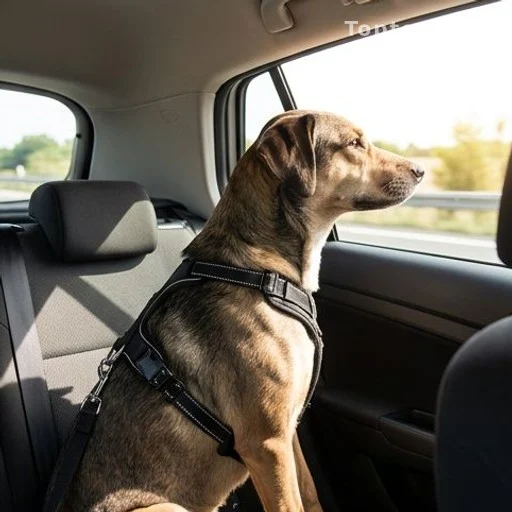 Chien attaché avec un harnais de sécurité sur la banquette arrière d'une voiture