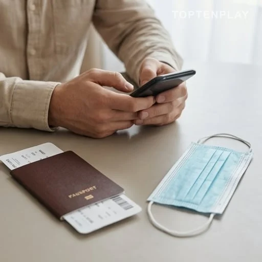 Téléphone, documents de voyage et masque posés sur une table