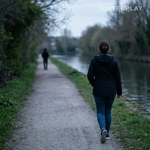 Femme de dos sur un chemin éclairé près d’un canal