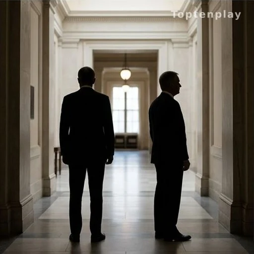 Silhouettes de responsables politiques dans un couloir institutionnel, rivalité