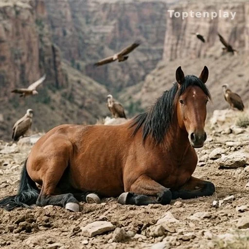 Étalon sauvage couché au sol dans un canyon du Colorado entouré de vautours