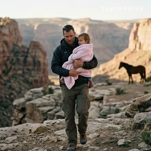 Secouriste portant une fillette enveloppée dans une couverture rose lors d'un sauvetage en canyon