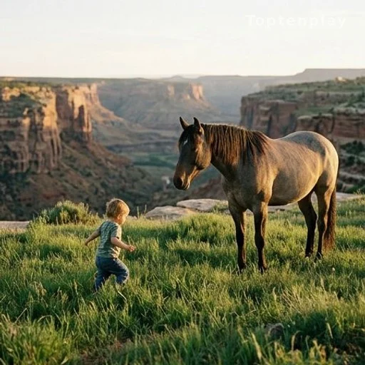Fillette jouant dans l'herbe sous la surveillance d'un cheval dans un canyon sanctuaire