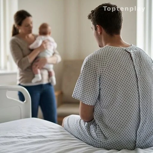 Jeune homme de dos dans une chambre d'hôpital, famille en arrière-plan flou