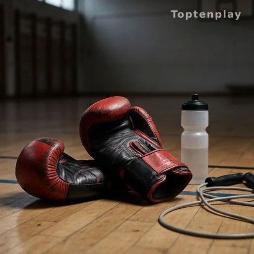 Gants de boxe posés sur le sol d'une salle de sport, entraînement caritatif