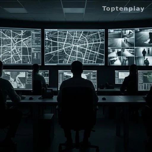 Salle d'opérations de renseignement avec écrans de surveillance, préparation d'une frappe ciblée