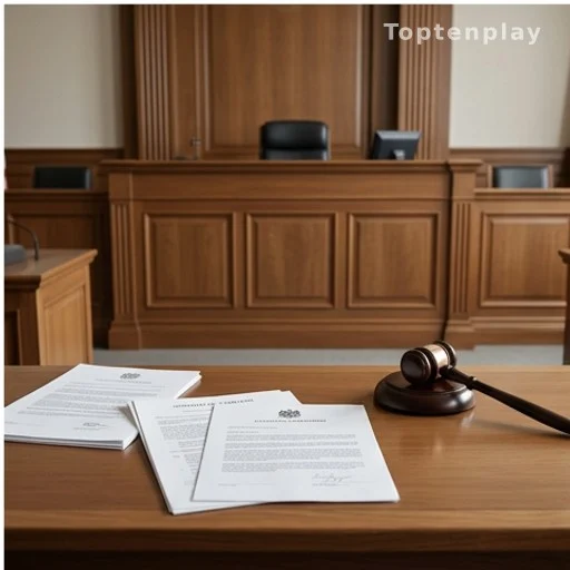Salle d'audience vide avec documents judiciaires, condamnation pénale