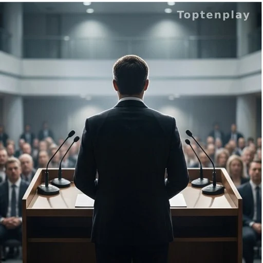 Silhouette d'une personnalité politique à un pupitre avec microphones, inéligibilité