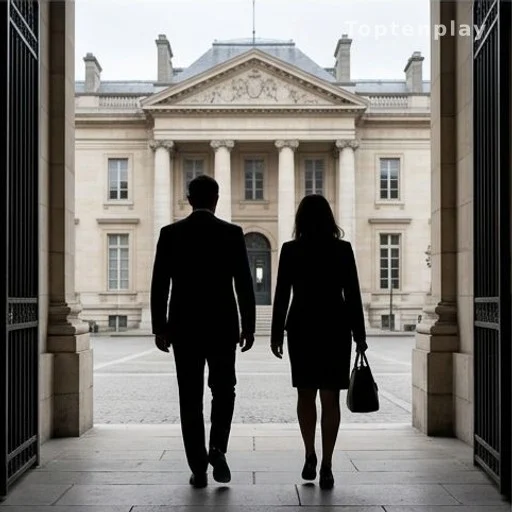 Deux silhouettes entrant dans un palais de justice, soutien politique et judiciaire