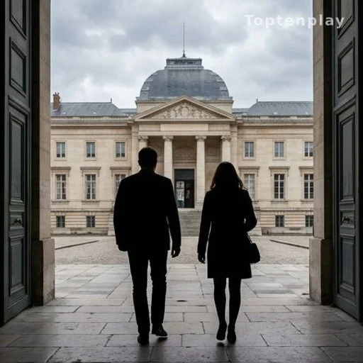 Deux silhouettes de dos devant l'entrée d'un palais de justice