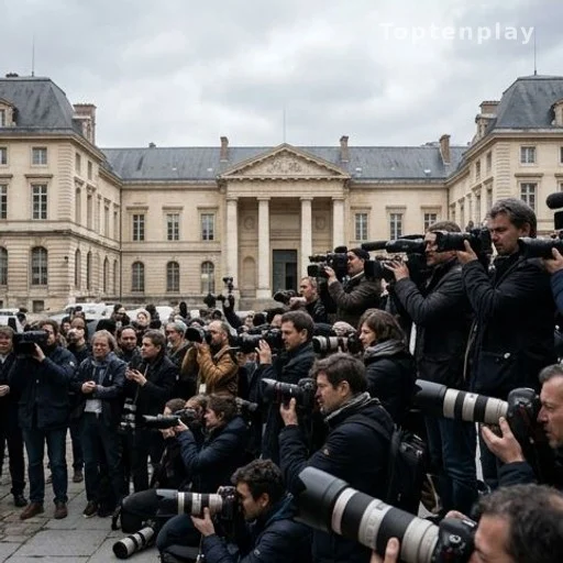 Journalistes et photographes devant un palais de justice lors d'un verdict médiatisé