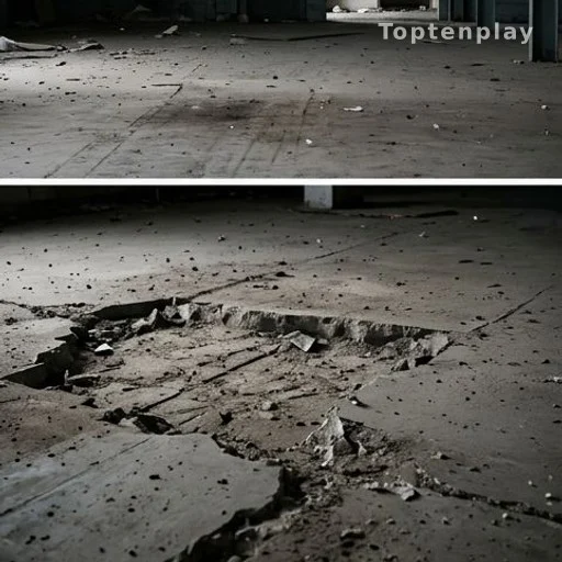 Intérieur d'un hangar abandonné avec sol en béton, scène de découverte macabre