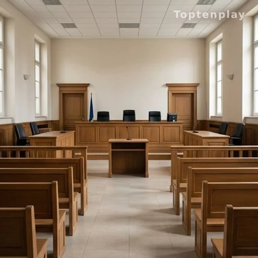 Salle d'audience d'une cour d'assises française vue de dos, bancs en bois