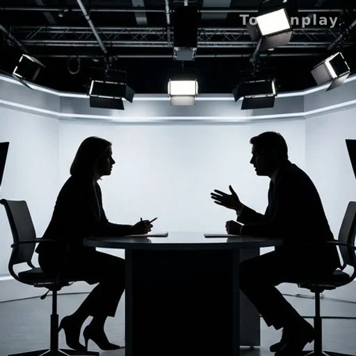 Plateau de télévision avec deux silhouettes face à face sous les lumières de studio