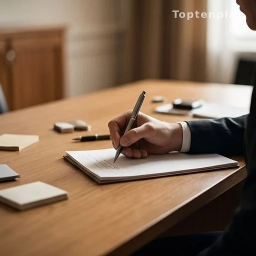 Main écrivant sur un bloc-notes posé sur un bureau, lumière intérieure chaude