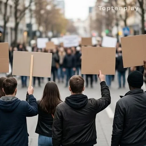 Groupe de personnes vues de dos tenant des pancartes lors d'un rassemblement urbain