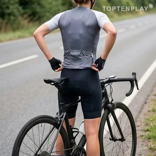 Cycliste ajustant son équipement avant de reprendre la course
