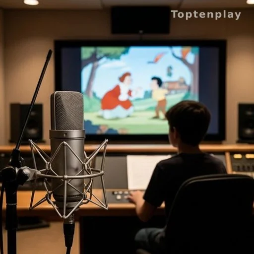 Studio d'enregistrement de doublage avec microphone et écran d'animation coloré